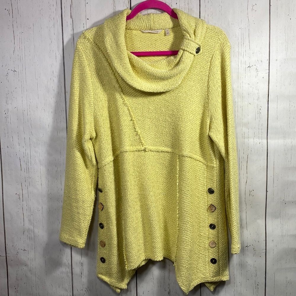Soft Surroundings Yellow Cowl Neck Buttons Detail Knit Sweater Tunic Cozy Layer